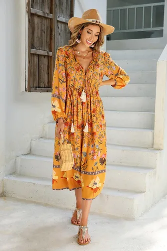 Vista 4 de R.Vivimos - Vestidos por debajo de la rodilla, de manga larga, con estampado floral, de estilo retro y bohemio, con cuello en V y borlas para mujer