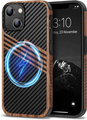 Vista 23 de TENDLIN Compatible con Funda para iPhone 14 de Grano de Madera con Diseño de Textura de Fibra de Carbono, Funda Híbrida de Cuero delgada Negra Negro