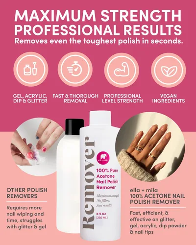 Vista 2 de ella+mila - Removedor de esmalte de uñas de acetona 100% pura para acrílico y gel, 8 onzas líquidas