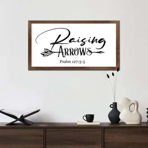 Vista 6 de Letrero artístico de madera de 12 x 22 pulgadas con cita motivacional con flechas de elevación, versículo bíblico, marco de madera de albaricoque