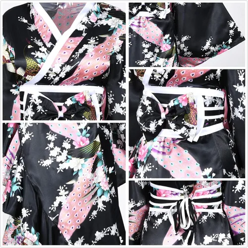 Vista 5 de Elibelle Kimono para mujer Geisha Yukata Sweet Tuxedo Ruffle Dress Blossom Satin Bathrobe Sleep Fan Tabi Socks Set