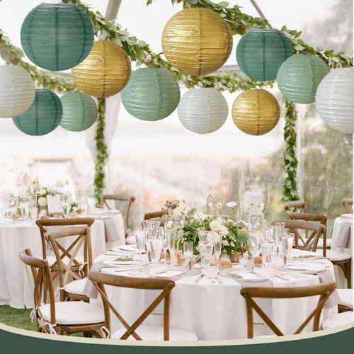 Vista 3 de 12 linternas de papel color verde salvia dorado verde oliva chino colgantes redondas linternas de papel para cumpleaños, boda, despedida de soltera