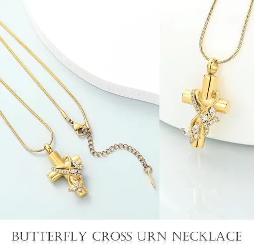 Vista 3 de Imrsanl Collar de urna de cruz de mariposa para cenizas, hombres y mujeres, joyería de cremación, colgante de cenizas para cenizas conmemorativas