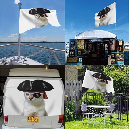 Vista 5 de Swono Bandera de pirata de gato – 3 x 5 pies divertida calavera de animal con los ojos vendados bandera triangular capitán gatito capitán
