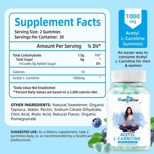 Vista 3 de Suplemento de acetil L-carnitina de 1000 mg - Gomitas de Alcar L-carnitina sin azúcar para hombres y mujeres, apoyo a la resistencia muscular, salud