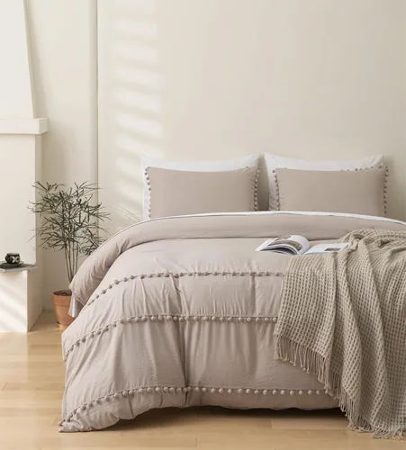 Vista 7 de INFLAG Funda de edredón de tamaño individual con pompones, juego de ropa de cama de microfibra bohemia de 3 piezas, 1 funda de edredón de 66 x 90