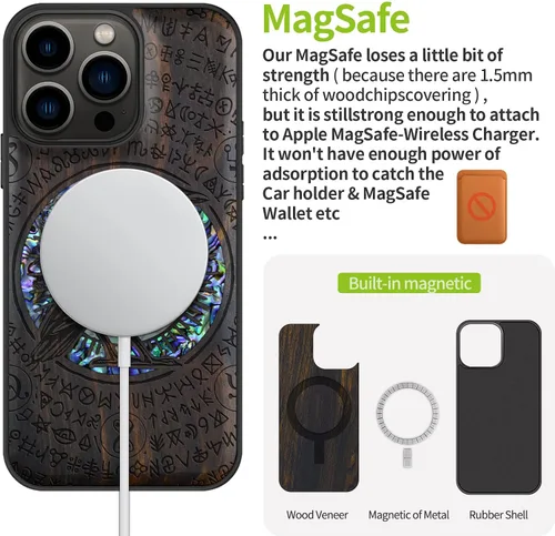 Vista 5 de Carveit Funda protectora de madera de diseñador para iPhone 13 Pro, funda magnética, grabado en madera e incrustaciones de concha, funda de madera