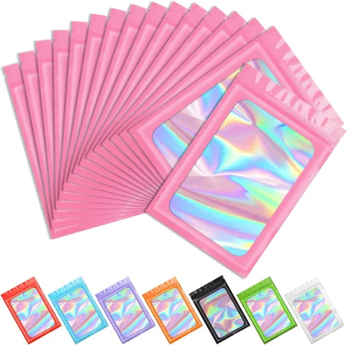 Vista 31 de Funfery 100 bolsas holográficas de Mylar naranja, cremallera resellable