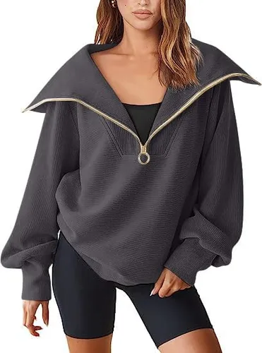 Vista 3 de ECHOINE Sudadera de gran tamaño con media cremallera para mujer, sudadera de manga larga con cremallera de un cuarto, sudadera con capucha
