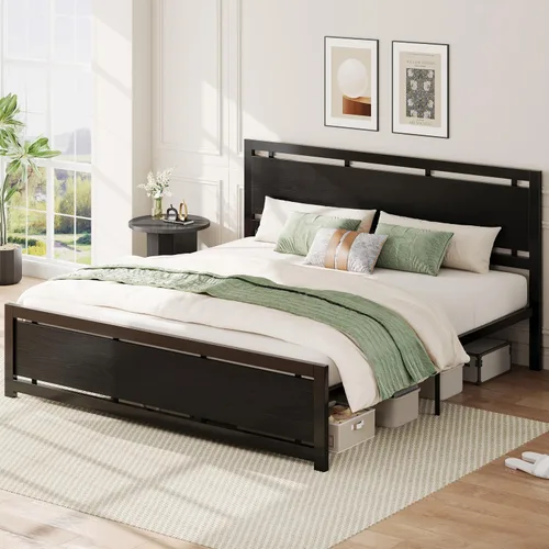 Vista 3 de LIKIMIO Base de cama tamaño King con cabecero y estribo Negro