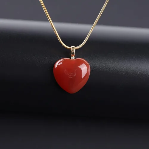 Vista 4 de COAI Collar de cornalina roja con colgante de corazón de cadena de serpiente, Piedra, Cornalina