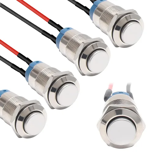 Vista 12 de STARELO 5 piezas 12 mm Interruptor de botón de cierre con carcasa negra y pre-cableado, interruptor de botón de presión impermeable IP65, aleación