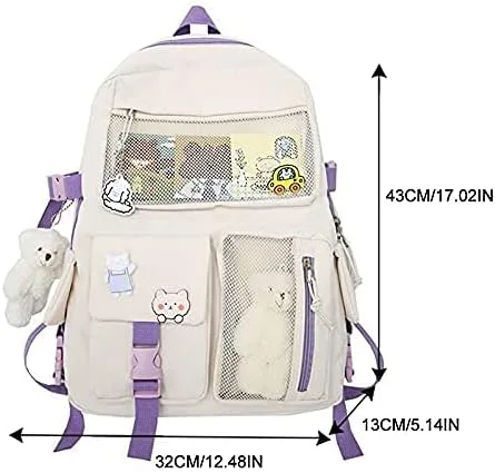 Vista 5 de Mochila kawaii con pin kawaii y accesorios, bonita mochila kawaii para mochila escolar, mochila kawaii para niña linda, Ivory, L, Suave