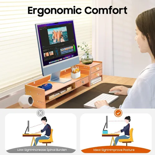 Vista 6 de Soporte para monitor con almacenamiento, elevador de monitor de computadora con cajones, organizador de escritorio con almacenamiento, 18.9 x 7.9 x