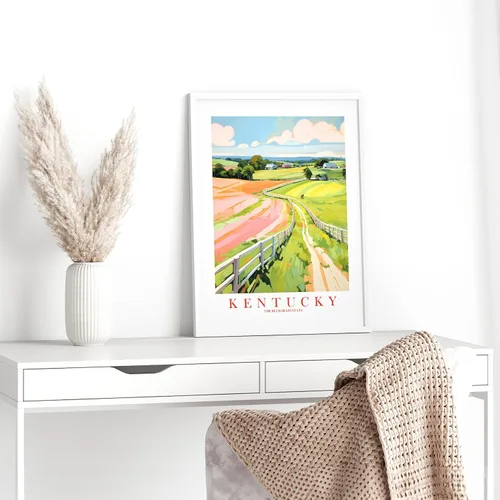 Vista 4 de ColorAndFlair Kentucky Travel Print Bluegrass State Souvenir KY Horses Nature Pink Green Wall Art Retro Poster Pintura de Paisaje (11 x 14 pulgadas)