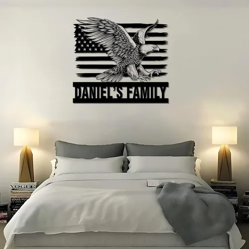 Vista 10 de GodLover Letrero de metal de águila con bandera estadounidense, letrero de metal de águila con nombre de familia, letrero patriótico de águila