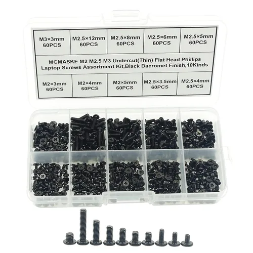Vista 9 de Kit surtido de tornillos Phillips de cabeza plana M2 M2.5 M3 para laptop, acabado negro Dacromet (300)