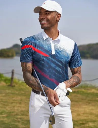 Vista 2 de Derminpro Polo de golf de manga corta con cuello elástico para hombre, de secado rápido