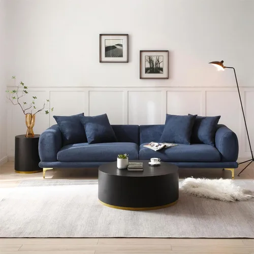 Vista 5 de KEVINSPACE Mesa auxiliar negra con borde dorado en la parte inferior, mesa de centro redonda para espacios pequeños, mesa auxiliar de madera mesita