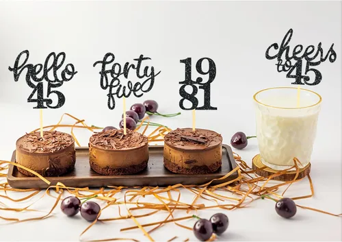 Vista 4 de 24 adornos para cupcakes de cumpleaños 45 con purpurina para decorar tartas de cumpleaños de 45 años, decoraciones de cumpleaños n.° 45 para Black2