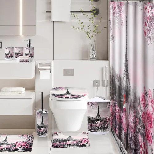 Vista 9 de Juego de accesorios de baño con cortina de ducha y tapete de baño rosado de París