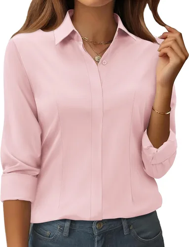 Vista 17 de siliteelon Camisas con botones para mujer: ajuste clásico, resistente a las manchas, manga larga, sin arrugas, oficina de negocios