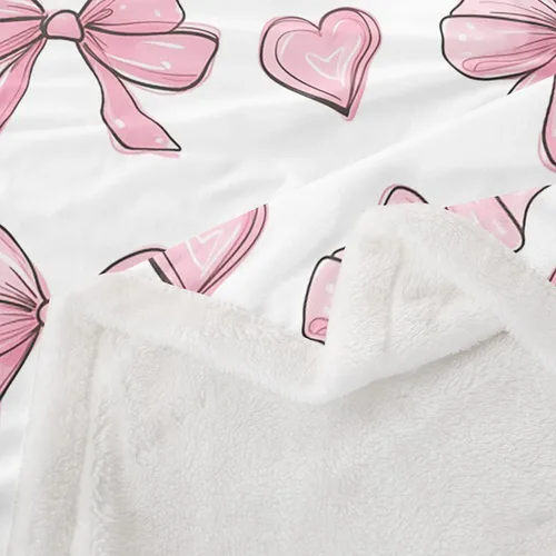 Vista 4 de Manta de franela de forro polar con lazos rosados femeninos de 40 x 50 pulgadas, manta mullida de corazones para el día de San Valentín para sofá