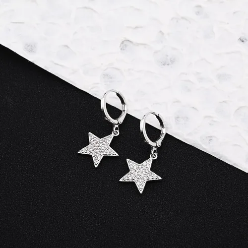 Vista 4 de Aretes colgantes de aro con diamantes de imitación de estrella de plata de ley 925/oro para mujeres
