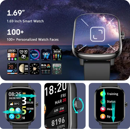 Vista 6 de KALINCO Reloj inteligente para hombre, rastreador de fitness de 1.69 pulgadas con frecuencia cardíaca, presión arterial, seguimiento de oxígeno