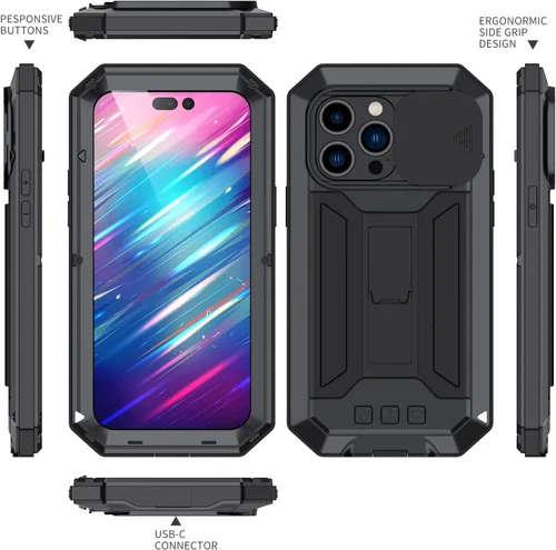 Vista 4 de Simicoo Funda compatible con iPhone 14 con protector de cámara de pantalla con función atril, resistente al agua, de metal militar, resistente