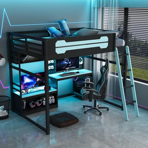 Vista 12 de Gaming L-Shaped Twin Bed RGB LED USB，Blue-V：Twin