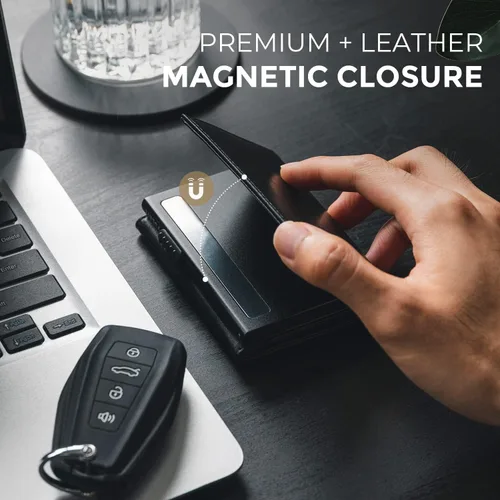 Vista 19 de VULKIT Cartera con tarjetero para hombre, con cierre magnético, bloqueo RFID, billetera de cuero triple, marino, Moderno