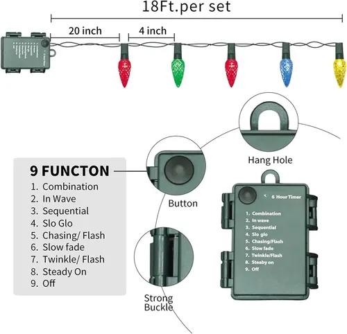 Vista 4 de LAMPHOME C6 - Luces de Navidad a pilas, 50 luces LED de Navidad de 17 pies con 8 modos, decoración de Navidad impermeable para árbol de Navidad