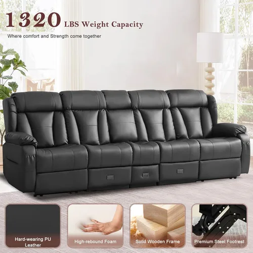 Vista 8 de Sofá biplaza reclinable manual de 110 pulgadas, sillón reclinable de 4 asientos con consola, mesa plegable y salidas integradas, sofá reclinable