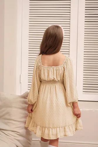 Vista 5 de GRACE KARIN Vestido escalonado con volantes para niñas, vestido acampanado de manga larga con lunares suizos, 6-12 años
