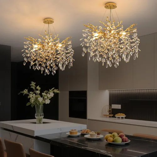 Vista 19 de Candelabro rectangular con ramas de árbol de cristal, L40 pulgadas, Mpdern de lujo cromado lineal Art Deco con forma de gota de lluvia para cocina