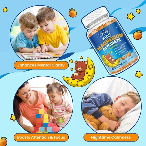 Vista 4 de Gomitas de magnesio para niños, con L-teanina, omega-3, vitamina B6, D3, zinc, gomitas de glicinato de magnesio para niños, para dormir, relajación