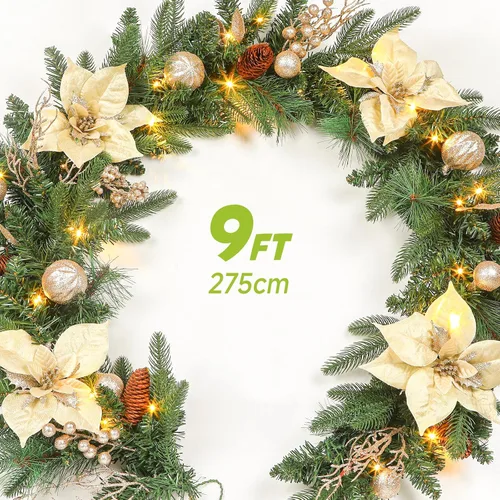 Vista 2 de SHareconn Guirnalda de Navidad Preiluminada de 9 Pies con Luces LED Multicolor, Temporizador a Batería, Guirnalda Iluminada con Bola de Flor