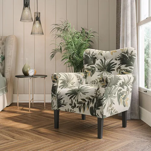 Vista 18 de BELLEZE Silla decorativa moderna, sillón de respaldo alto, silla lateral tapizada con respaldo alado, sofá individual acolchado con patas de madera