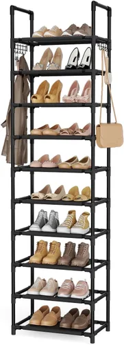 Vista 11 de LANTEFUL Zapatero de 10 niveles, 50 pares, organizador de zapatos alto de gran capacidad, almacenamiento de zapatos resistente con dos ganchos