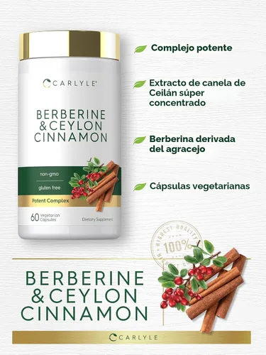Vista 4 de Carlyle Berberina con canela de Ceilán Complejo de 2000mg 60 cápsulas Vegetariano, sin OGM, sin gluten