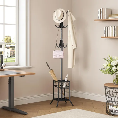 Vista 7 de ELYKEN Perchero Independiente, Perchero de Metal con Soporte para Paraguas, Árbol de Abrigos Moderno con 12 Ganchos, Perchero de Pie de Esquina