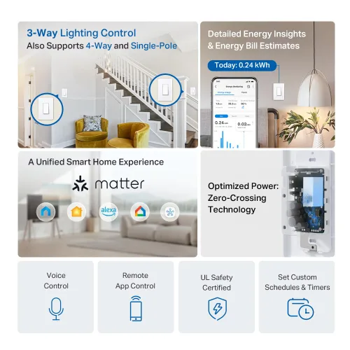 Vista 2 de Tapo Smart Switch, S515, de un solo polo/3 vías/4 vías, compatible con materia Funciona con Alexa, Siri, Google Home, SmartThings, certificado UL