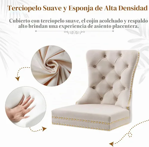 Vista 6 de Juego de 2 sillas de comedor de terciopelo beige, elegantes capitoné