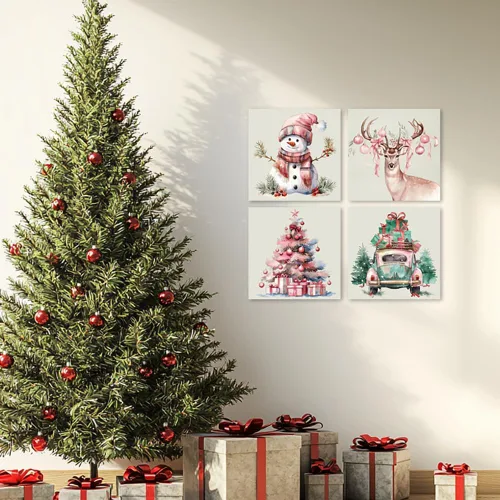 Vista 4 de Arte de Lienzo de Pared de Navidad Rosa - Juego de 4 Muñeco de Nieve, Ciervo, Árbol de Navidad y Camión Póster de Arte de Navidad - Pintura Estética