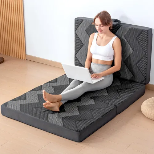 Vista 13 de INGEROOM Colchón plegable individual – Colchón triple de espuma viscoelástica de 4 pulgadas para campamento, con asa portátil, sofá cama plegable