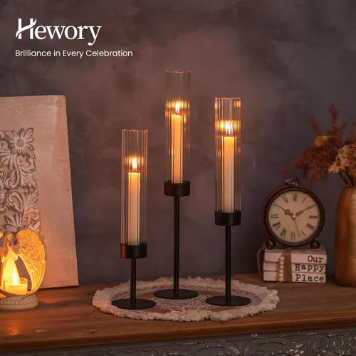 Vista 3 de Hewory Portavelas cónicos negros: juego de portavelas de 3 piezas de vidrio huracán alto para candelabros, portavelas para decoración de mesa