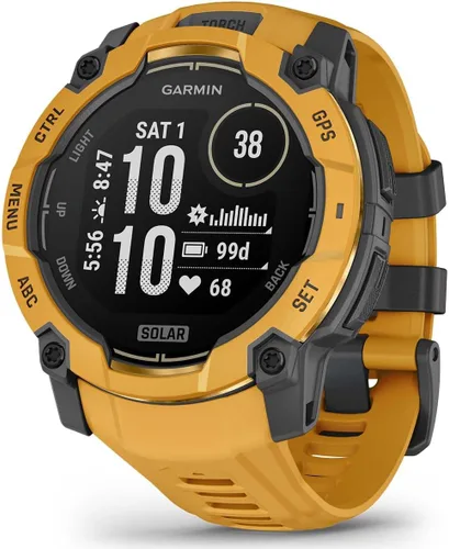 Vista 2 de Garmin Instinct 3 Solar (Sunburst, 1.969 in) - Paquete de reloj inteligente GPS para exteriores