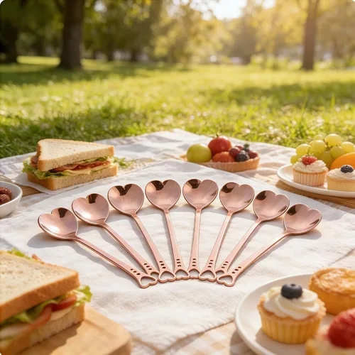 Vista 5 de jinyatu - Cuchara de postre de acero inoxidable con forma de corazón, accesorio de cocina para pastel, té, azúcar, helado, fruta, 8 piezas (oro rosa)