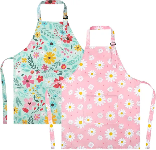 Vista 16 de Paquete de 2 delantales para niños, bonitos delantales de cocina, delantal de arte impermeable con bolsillos, delantal ajustable para pintores